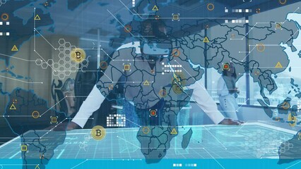 Poster - Animation of world map and icons over african american man in vr headset in office