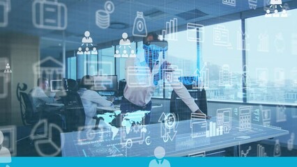 Poster - Animation of financial icons and data over african american man in vr headset in office