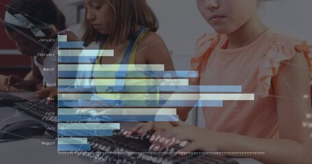 Poster - Animation of graphs and data processing over caucasian girl using computer at school