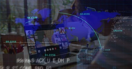 Poster - Animation of world map and data processing over african american boy having online lessons on laptop