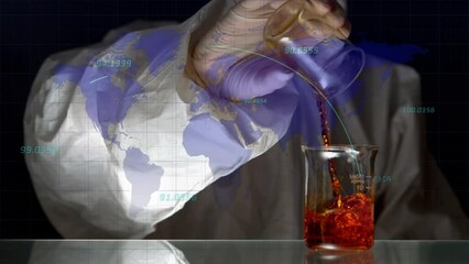 Poster - Animation of world map with data processing over scientist and beakers with liquid