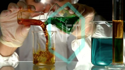 Poster - Animation of nft text over caucasian female scientist and beakers with liquid