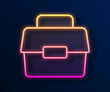 Glowing neon line Case or box container for wobbler and gear fishing equipment icon isolated on black background. Fishing tackle. Vector