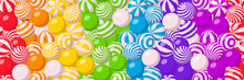 Rainbow Background With Many Round Candies, Beach Balls Or Gumballs With Spiral And Striped Pattern. Vector Cartoon Seamless Pattern With Pile Of Colored Sweet Dragee Or Bubble Gum