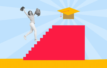 Poster - Drawing collage of happy crazy teen school child achieve dream goal mortar board hat. Concept of purposefulness