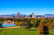 Skyline of Denver downtown with Rocky Mountains