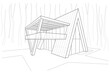 Linear architectural sketch residental building - scandinavian style forest cottage perspective on white background
