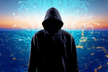 Wall Mural - Hacker over Abstract Digital Background with Elements of Computer Programs. Concept of Data thief, internet fraud, darknet and cyber security.