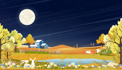 Poster - Autumn rural landscape at night with full moon on dark blue sky background,Vector Cartoon fall season at countryside with rabbits playing in forest tree and grass field,Backdrop Mid Autumnal banner