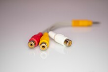 Closeup Of The Mini Plug To The RCA Adaptor. Selected Focus.