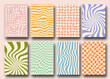 © Yanzar - Vector set of Groovy hippie 70s backgrounds. Checkerboard, chessboard, mesh, waves patterns. Twisted and distorted vector texture in trendy retro psychedelic style. Y2k aesthetic.