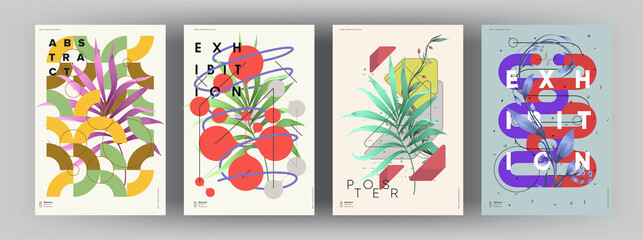 Canvas Print - abstract posters. botanical banner with geometric shapes, leaves, branch and plants. set of vector i