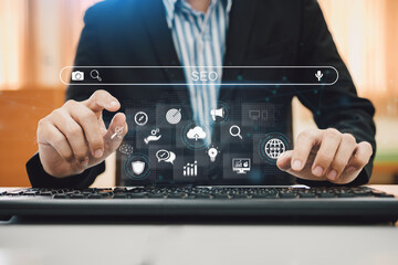 Wall Mural - person working with tcomputer laptop for manage search engine optimization : seo with social media c
