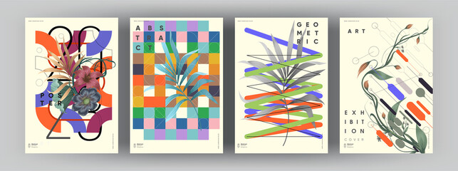 Poster - abstract posters. botanical banner with geometric shapes, leaves, branch and plants. set of vector i