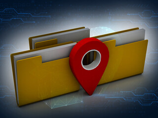 Fototapete - 3d rendering folder with map pointer sign in digital background