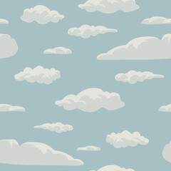 cartoon white clouds isolated on blue sky. cloudscape in the sky seamless pattern. flat clouds backg