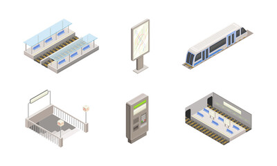 Poster - Metro or Subway as Rapid Transit Urban System with Electric Railway, Platform Staircase Isometric Vector Set