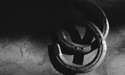 Canvas Print - Horseshoes on black and white background for equine horse western industry concept.