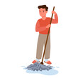 Kid cleaning floor of room with mop to help mother with housework routine vector illustration. Cartoon isolated cute school boy housekeeping, child holding mop to clean house with water and rag