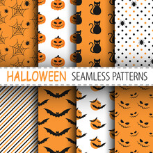 Pumpkins, Spiders, Bats, Cats And Creepy Faces. Vector Halloween Seamless Patterns Collection In Orange, Black And White Colors. Best For Textile, Print, Wrapping Paper And Festive Decoration.
