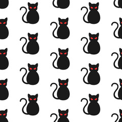 Wall Mural - Black cats with red evil eyes on white background. Halloween vector seamless pattern. Best for textile, print, wrapping paper, package and festive decoration.