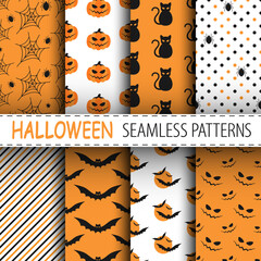 Poster - Pumpkins, spiders, bats, cats and creepy faces. Vector halloween seamless patterns collection in orange, black and white colors. Best for textile, print, wrapping paper and festive decoration.