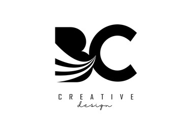 Creative black letters BC b c logo with leading lines and road concept design. Letters with geometric design.