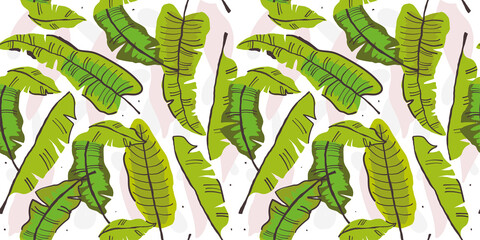 Wall Mural - Tropical pattern with banana leaves on white. Vector seamless tropical pattern, summer vibes