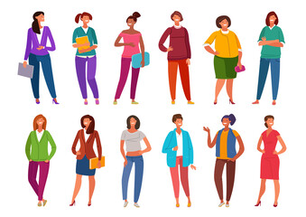 Set young women and girls standing in different poses in casual clothes. Female people in flat cartoon style vector