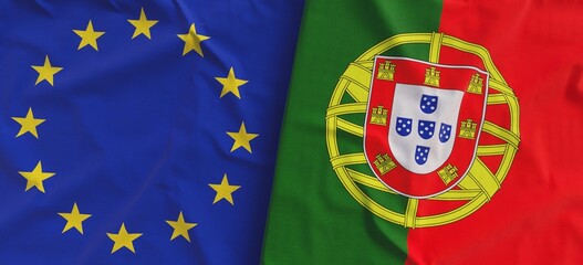 Wall Mural - EU and Portugal flags. Linen flags close-up. Flag made of canvas. Flag of European Union. Portuguese. State national symbols. 3d illustration.