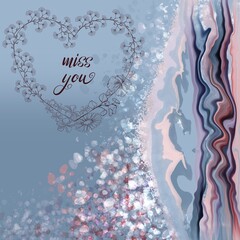 Wall Mural - Miss you floral frame on a blue abstract fluid background with stains and splashes 