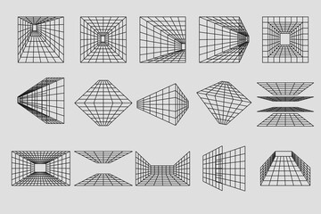 Fototapete - Wireframe geometric shapes in different phormes. Abstract 3d grid design. Universal trendy geometric shapes