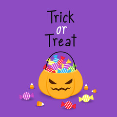 Trick or treat. Halloween pumpkin basket. Jack o lantern Bowl. Flat style vector illustration.