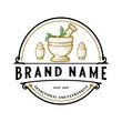 traditional dispensary vintage logo. the theme of urns and herbs for traditional medicine.