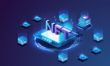 Nft on a processor chip in a future isometric style. The concept of non-interchangeable tokens. Hosting, or storage creation of exclusive NFT tokens. Vector illustration