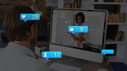 Poster - Animation of social media icons and numbers over african american woman on laptop video call