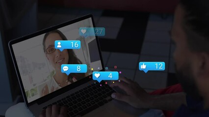 Canvas Print - Animation of social media icons and numbers over caucasian woman on laptop video call