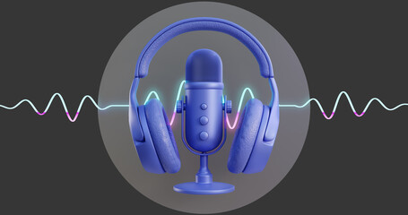 3d podcast illustration, listening with headphones, podcast recording, voice into microphone, neon sound track