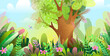 Mysterious enchanted forest wallpaper for kids. Childish illustration of a magic woodland, cute colorful forest cartoon. Vector scenery graphics.