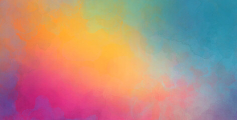 colorful watercolor background of abstract sunset sky with puffy clouds in bright rainbow colors of 