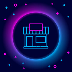 Poster - Glowing neon line Shopping building or market store icon isolated on black background. Shop construction. Colorful outline concept. Vector