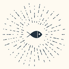 Grey Christian Fish Symbol Icon Isolated On Beige Background. Jesus Fish Symbol. Abstract Circle Random Dots. Vector Illustration