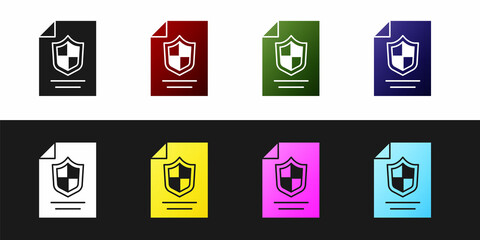 Sticker - Set Contract with shield icon isolated on black and white background. Insurance concept. Security, safety, protection, protect concept. Vector.