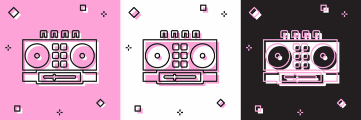 Sticker - Set DJ remote for playing and mixing music icon isolated on pink and white, black background. DJ mixer complete with vinyl player and remote control. Vector