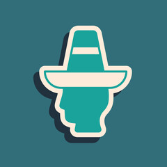 Sticker - Green Mexican man wearing sombrero icon isolated on green background. Hispanic man with a mustache. Long shadow style. Vector