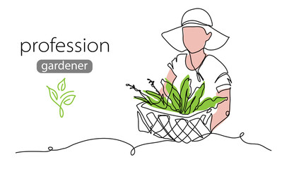 Wall Mural - Girl holds greenery in a box. Vector background, banner, poster. One continuous line art drawing illustration of box with greenery,herbs