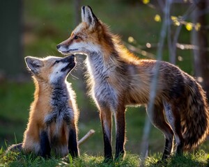 Wall Mural - Kit fox (Vulpes macrotis) with her baby in a forest