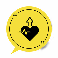 Sticker - Black Heartbeat increase icon isolated on white background. Increased heart rate. Yellow speech bubble symbol. Vector