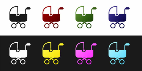 Wall Mural - Set Baby stroller icon isolated on black and white background. Baby carriage, buggy, pram, stroller, wheel. Vector