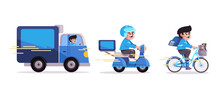 Online Delivery Service Truck Motorcycle And Bicycle Concept Of Order Tracking System And Express Delivery Fast In Blue Color